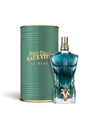 euaden Jean Paul Gaultier Le Beau erkek parfümü, ikonik erkek silüeti şişesi ve yeşil metal kutusu ile