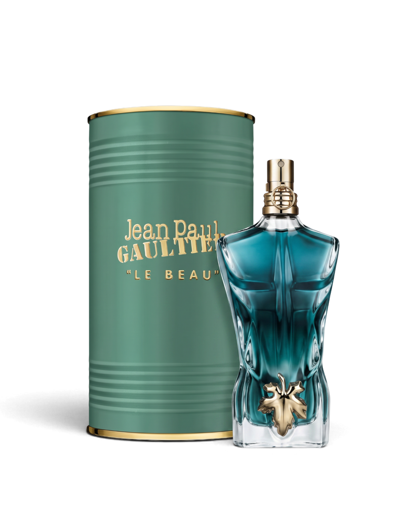 euaden Jean Paul Gaultier Le Beau erkek parfümü, ikonik erkek silüeti şişesi ve yeşil metal kutusu ile