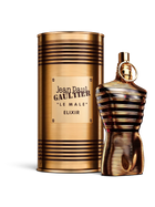 euaden Jean Paul Gaultier Le Male Elixir erkek parfümü, altın rengi metalik şişe ve silindirik kutu tasarımı