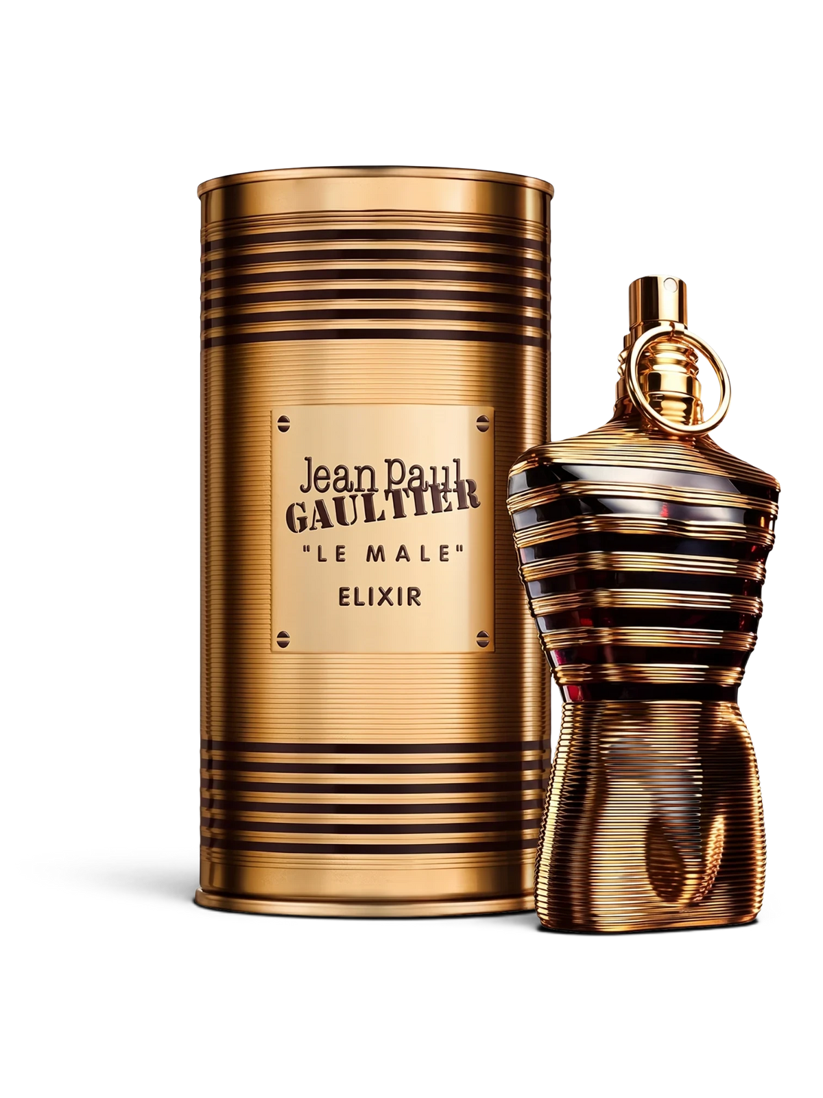 euaden Jean Paul Gaultier Le Male Elixir erkek parfümü, altın rengi metalik şişe ve silindirik kutu tasarımı