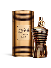 euaden Jean Paul Gaultier Le Male Elixir erkek parfümü, altın rengi metalik şişe ve silindirik kutu tasarımı