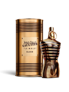 euaden Jean Paul Gaultier Le Male Elixir erkek parfümü, altın rengi metalik şişe ve silindirik kutu tasarımı
