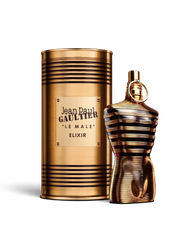 euaden Jean Paul Gaultier Le Male Elixir erkek parfümü, altın rengi metalik şişe ve silindirik kutu tasarımı
