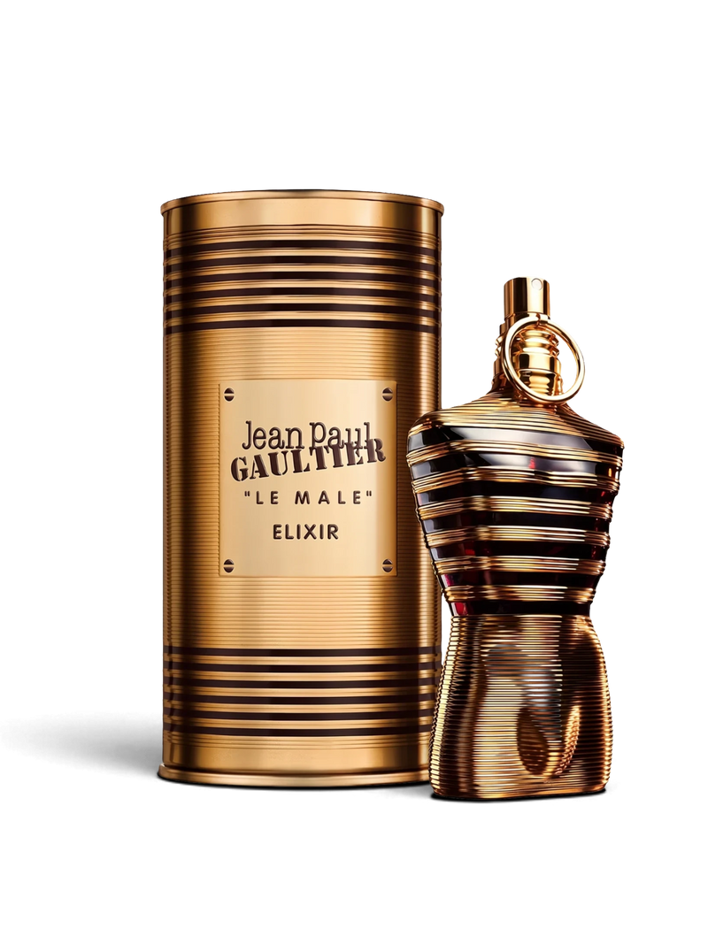 euaden Jean Paul Gaultier Le Male Elixir erkek parfümü, altın rengi metalik şişe ve silindirik kutu tasarımı