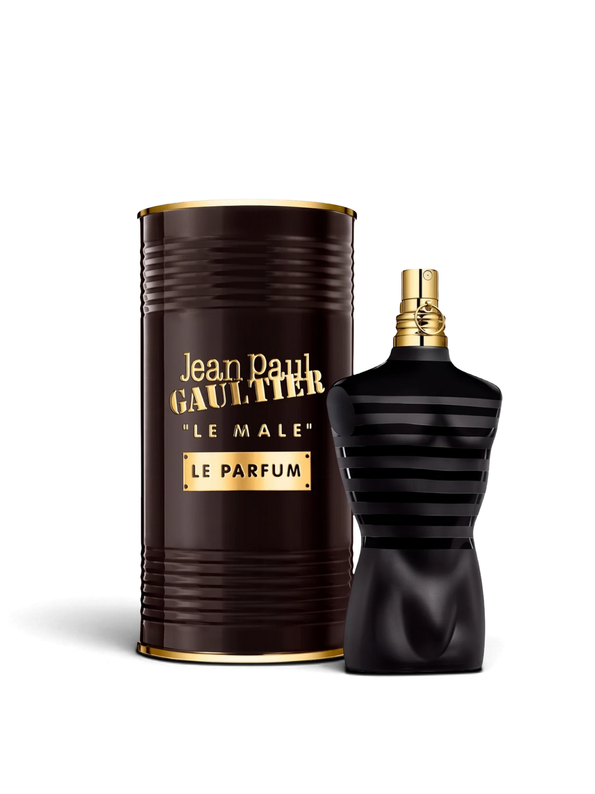 euaden Jean Paul Gaultier Le Male Le Parfum erkek parfümü, siyah ve altın renkli ikonik şişesi ve metal kutusu