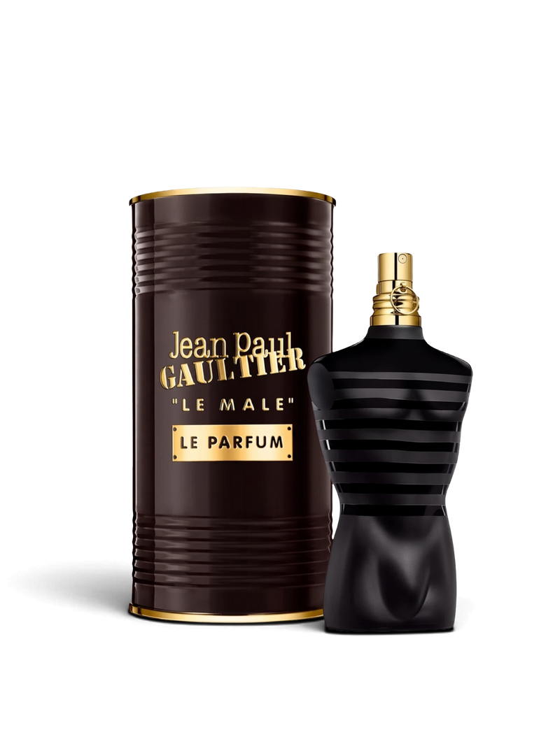 euaden Jean Paul Gaultier Le Male Le Parfum erkek parfümü, siyah ve altın renkli ikonik şişesi ve metal kutusu