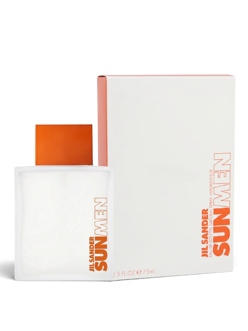 euaden Jil Sander Sun Men EDT erkek parfümü, turuncu kapaklı beyaz şişesi ve kutusu ile ferah yaz kokusu