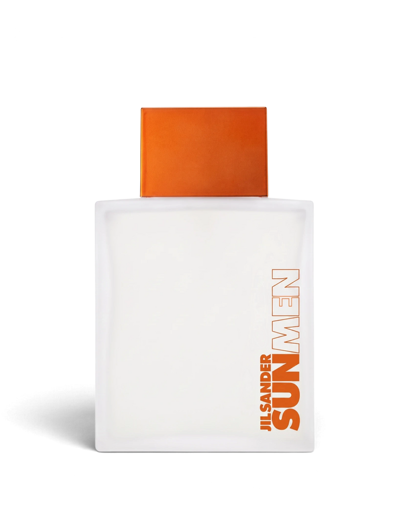 euaden Jil Sander Sun Men 125 ml erkek parfümü, turuncu kapaklı şık ve mat beyaz cam şişe tasarımı