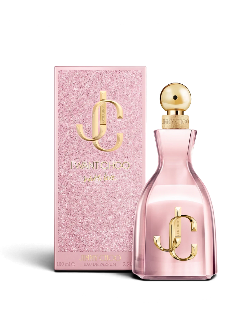 euaden Jimmy Choo I Want Choo With Love kadın parfümü, pembe ışıltılı kutusu ve zarif cam şişesiyle