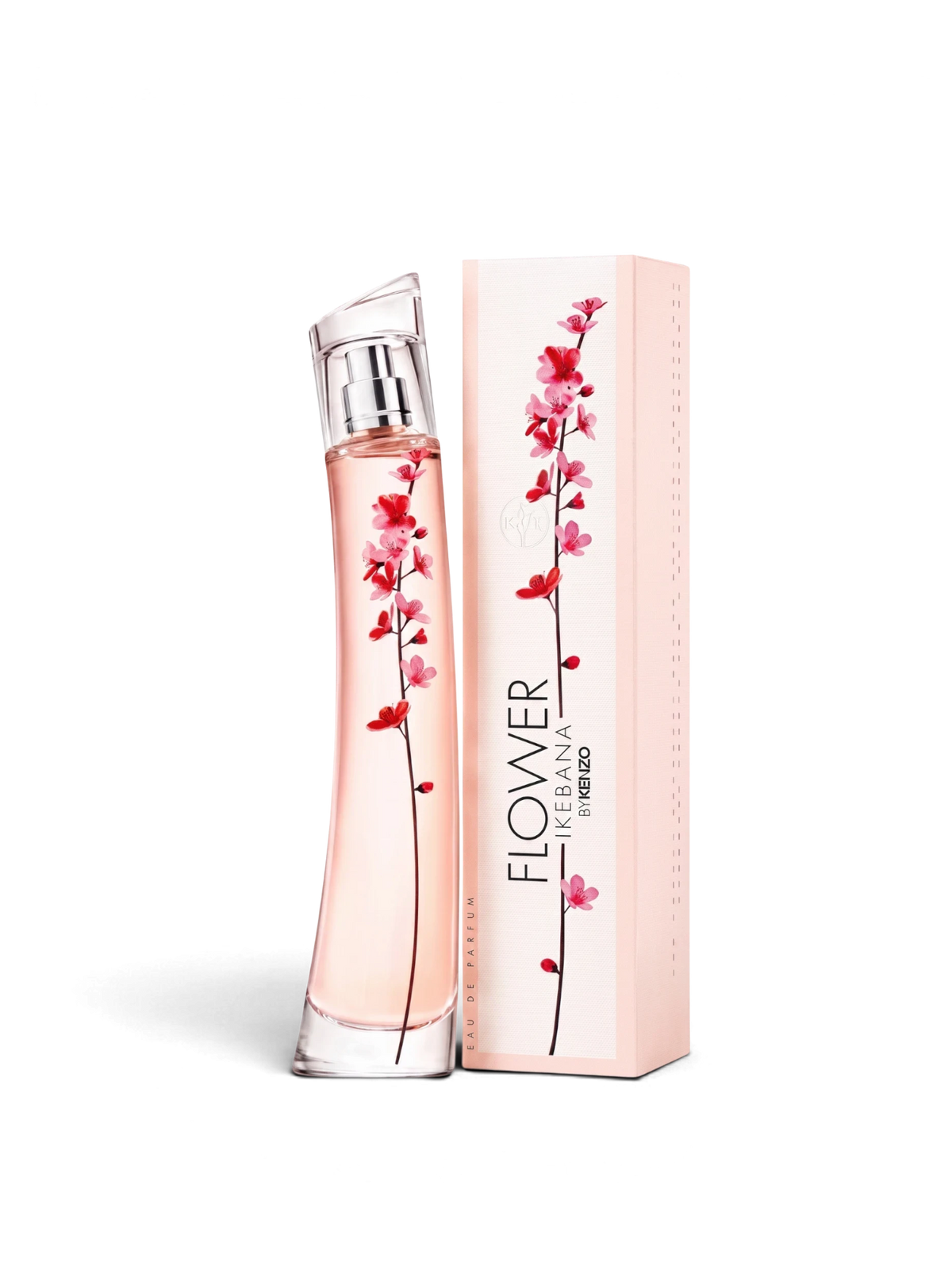 euaden KENZO Flower Ikebana kadın parfümü, üzerinde sakura çiçeği desenli zarif cam şişe ve uyumlu kutusu