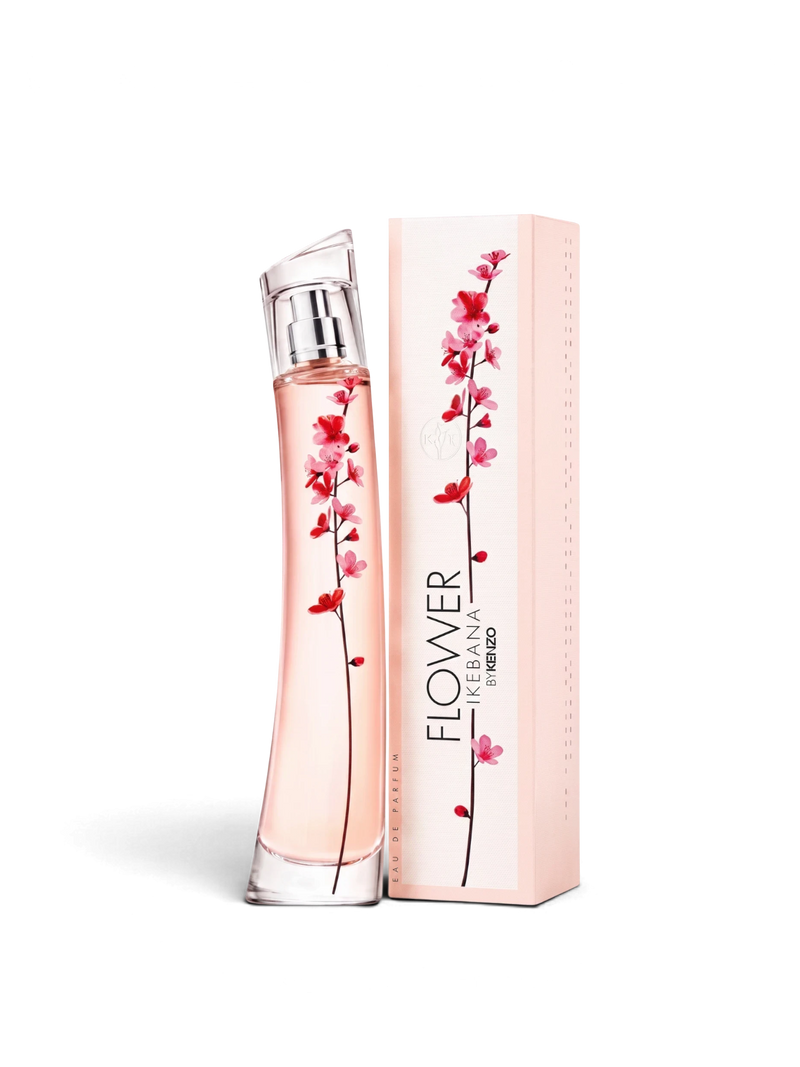 euaden KENZO Flower Ikebana kadın parfümü, üzerinde sakura çiçeği desenli zarif cam şişe ve uyumlu kutusu