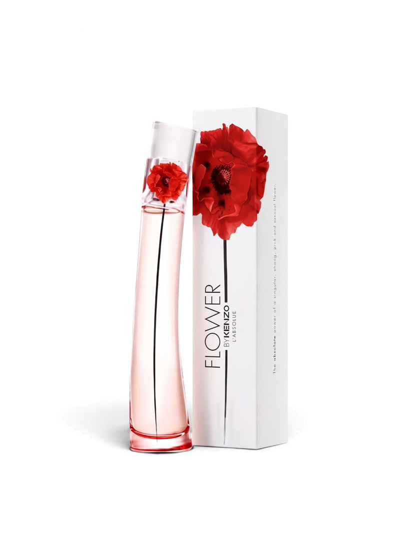 euaden KENZO Flower L'Absolue kadın parfümü, ikonik gelincik desenli beyaz kutusu ve zarif kavisli şişesiyle