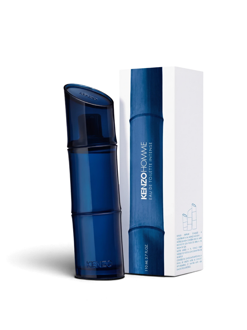 euaden Kenzo Pour Homme Intense 110 ml erkek parfümü, bambu formunda lacivert cam şişe ve beyaz kutusu ile