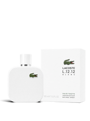 euaden Lacoste L.12.12 Blanc erkek parfümü, 100 ml beyaz şişe ve kutu tasarımı, minimalist ve ferah koku