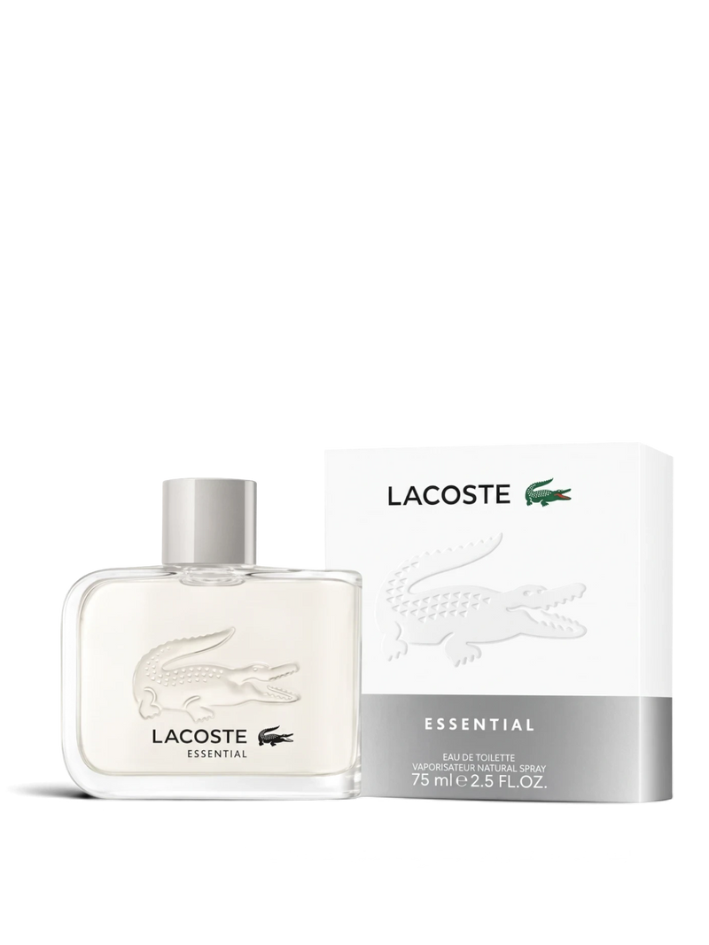 euaden Lacoste Essential erkek parfümü, şık cam şişesi ve ikonik timsah logolu beyaz kutusuyla ferah bir koku.