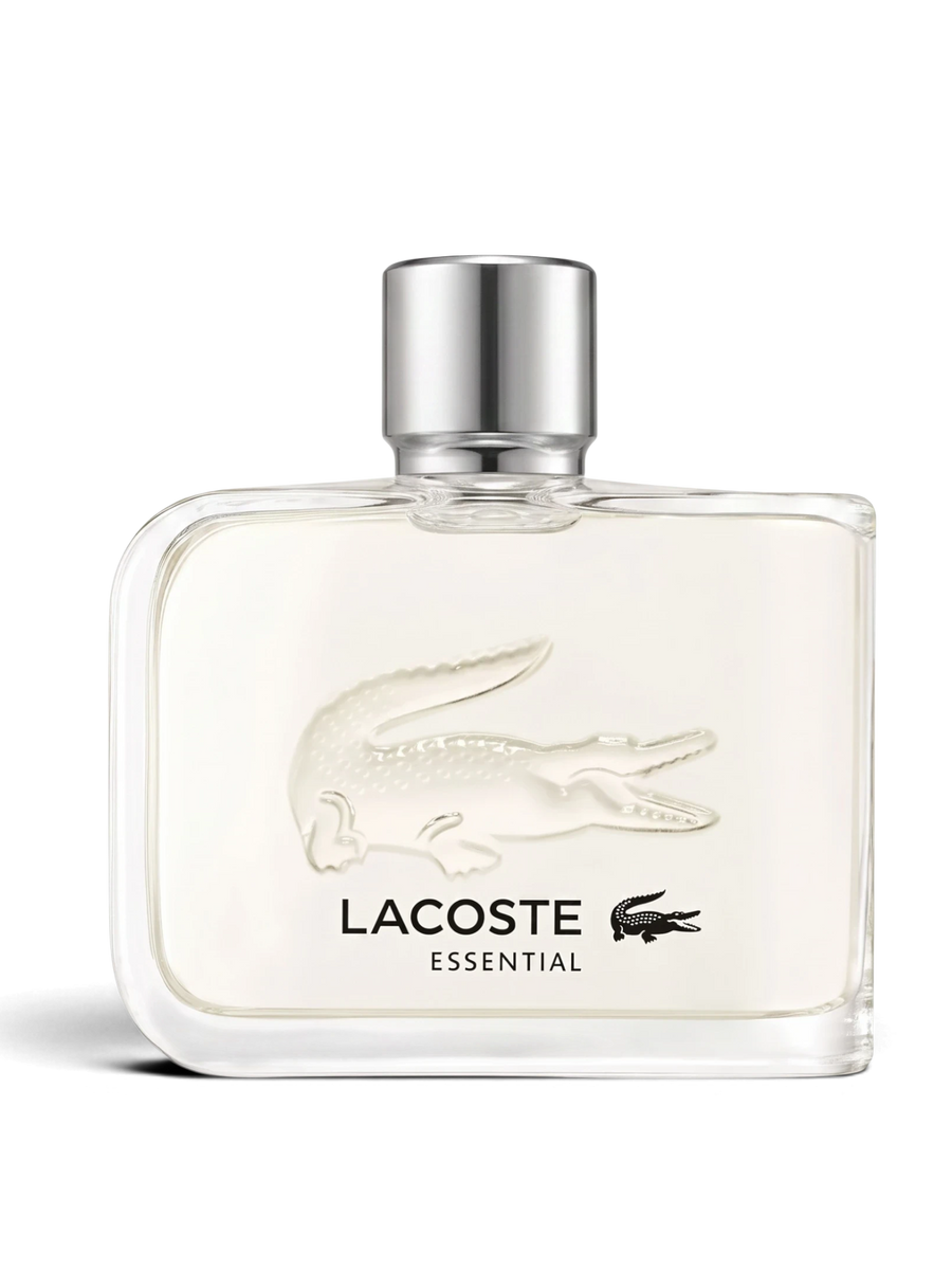 euaden Lacoste Essential erkek parfümü, şeffaf cam şişesi ve üzerinde ikonik timsah logosu bulunan ferah koku