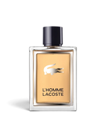 euaden Lacoste L'Homme erkek parfümü, şık cam şişesi ve üzerinde ikonik gümüş timsah logosu bulunan 100 ml EDT