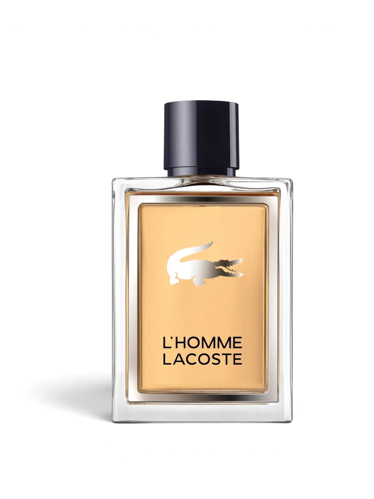 euaden Lacoste L'Homme erkek parfümü, şık cam şişesi ve üzerinde ikonik gümüş timsah logosu bulunan 100 ml EDT