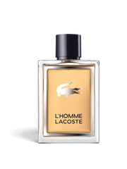 euaden Lacoste L'Homme erkek parfümü, şık cam şişesi ve üzerinde ikonik gümüş timsah logosu bulunan 100 ml EDT