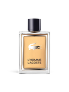 euaden Lacoste L'Homme erkek parfümü, şık cam şişesi ve üzerinde ikonik gümüş timsah logosu bulunan 100 ml EDT