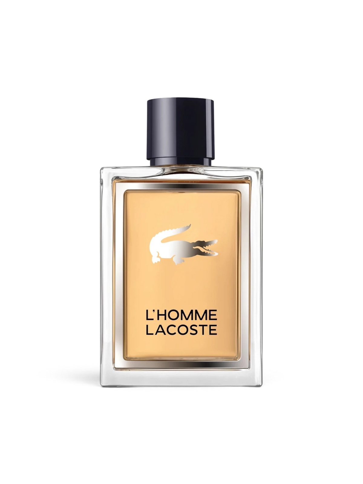 euaden Lacoste L'Homme erkek parfümü, şık cam şişesi ve üzerinde ikonik gümüş timsah logosu bulunan 100 ml EDT