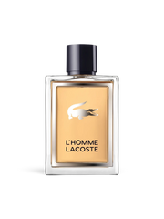 euaden Lacoste L'Homme erkek parfümü, şık cam şişesi ve üzerinde ikonik gümüş timsah logosu bulunan 100 ml EDT
