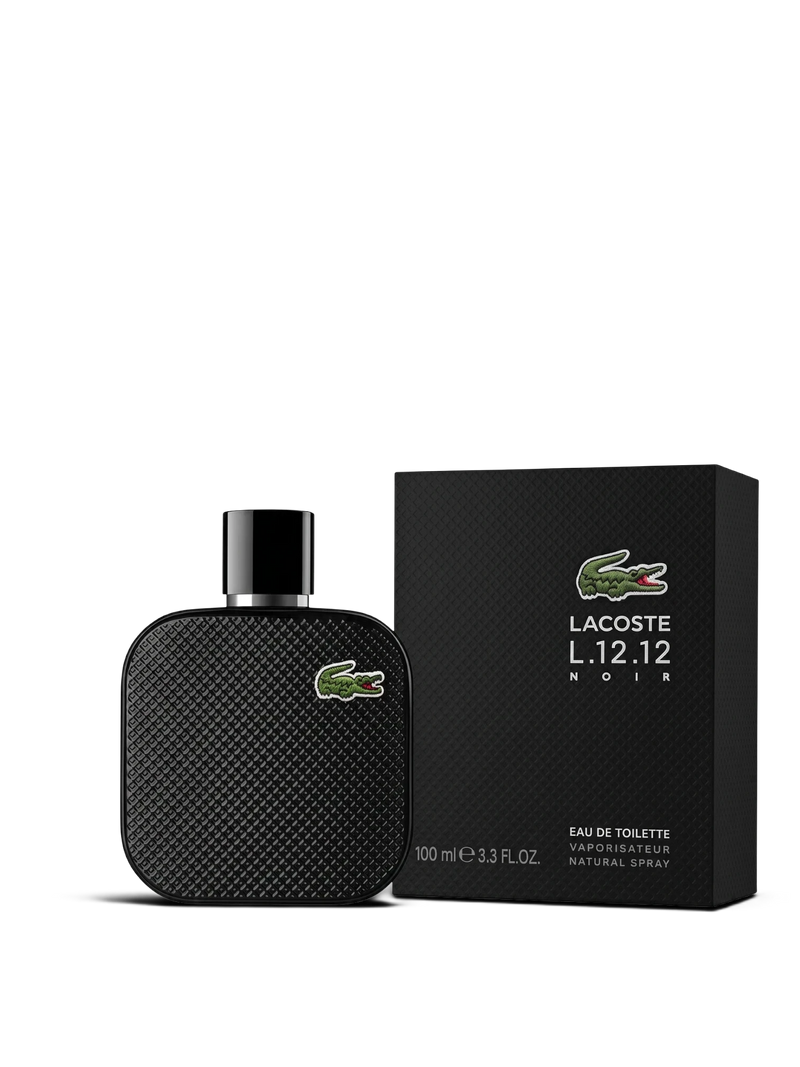 euaden Lacoste L.12.12 Noir erkek parfümü, 100 ml siyah şişe ve kutu tasarımı, odunsu ve aromatik koku