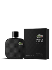euaden Lacoste L.12.12 Noir erkek parfümü, 100 ml siyah şişe ve kutu tasarımı, odunsu ve aromatik koku