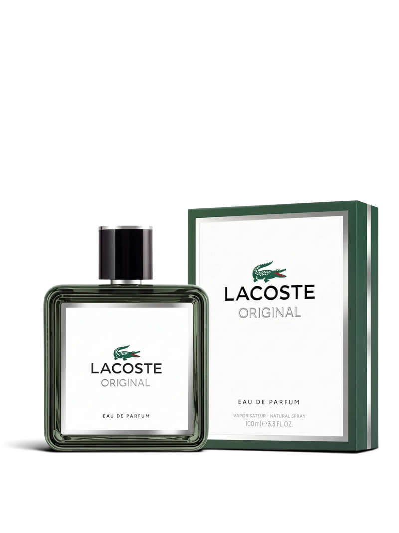 euaden Lacoste Original erkek parfümü 100 ml cam şişe ve yeşil beyaz kutu tasarımı