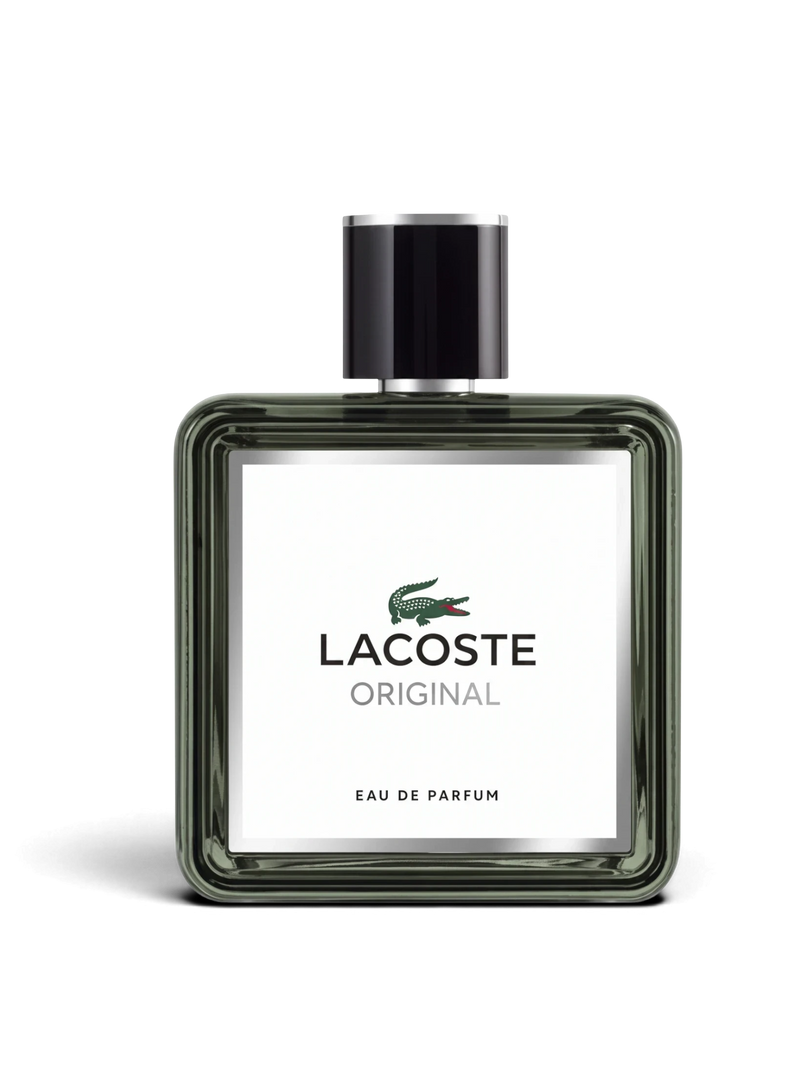 euaden Lacoste Original erkek parfümü, 100 ml şık cam şişesi ve ikonik timsah logolu beyaz etiketiyle