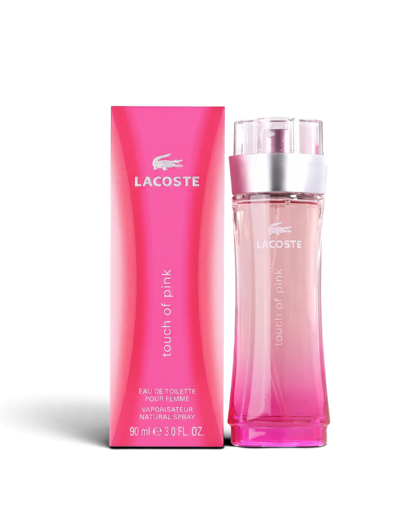 euaden Lacoste Touch of Pink kadın parfümü, 90 ml pembe degrade cam şişe ve uyumlu kutu tasarımı