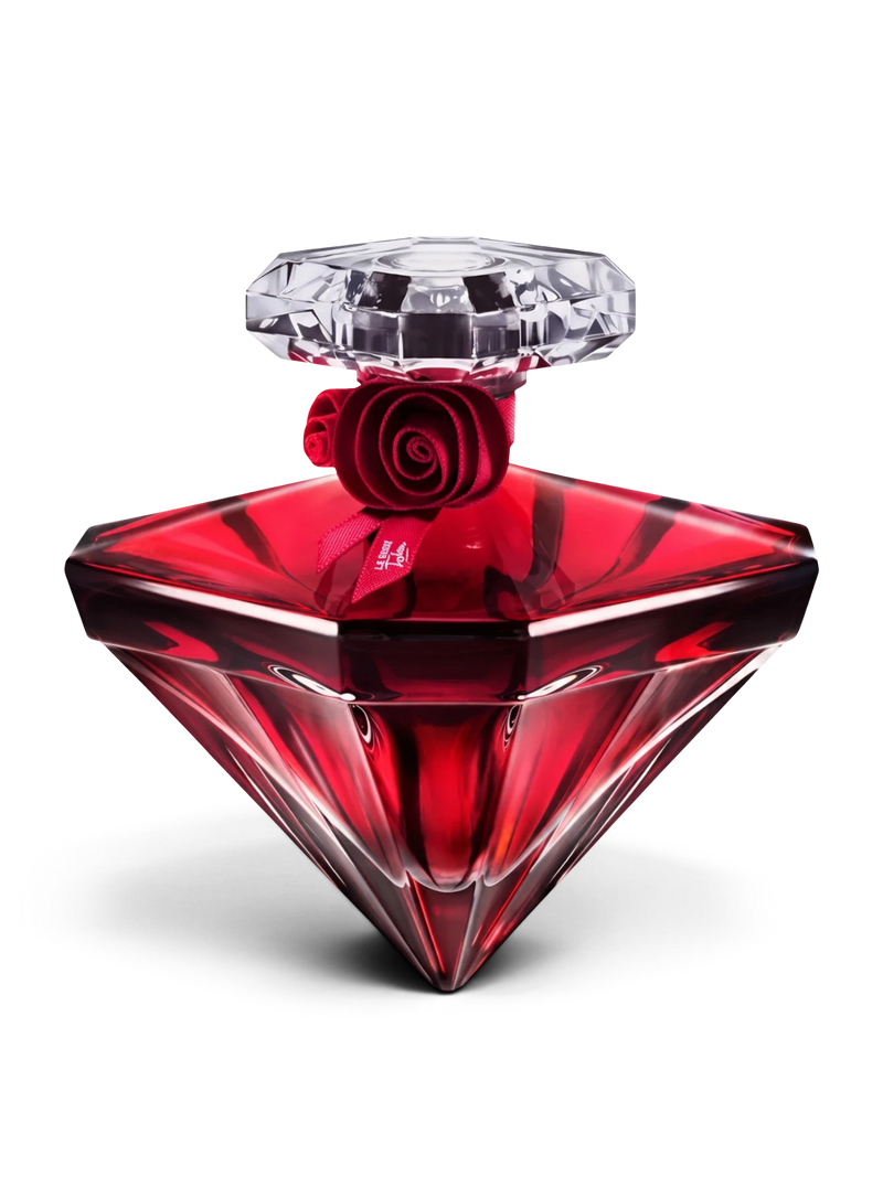 euaden Lancôme La Nuit Trésor Rouge Drama EDP Intense kadın parfümü, elmas kesim kırmızı cam şişe ve gül detaylı