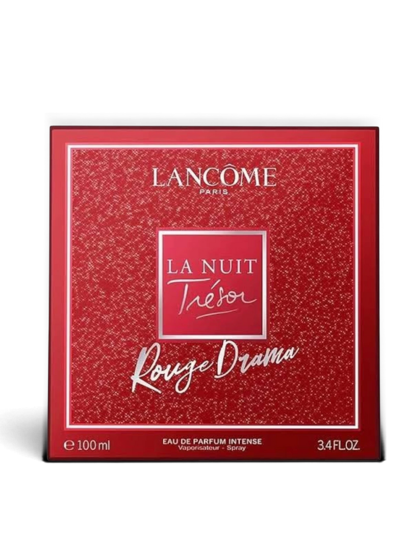euaden Lancôme La Nuit Trésor Rouge Drama 100 ml EDP Intense parfüm kutusu, kırmızı parlak ambalaj tasarımı