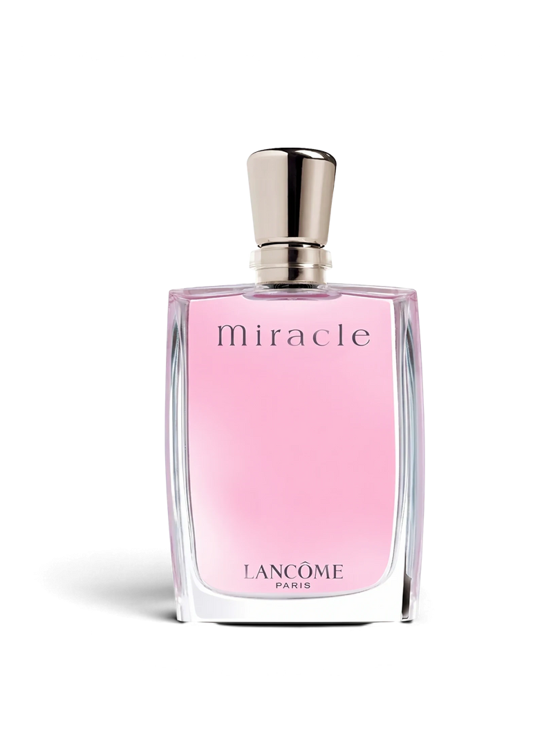 euaden Lancôme Miracle kadın parfümü, şık cam şişesinde pembe renkli çiçeksi ve ferah koku