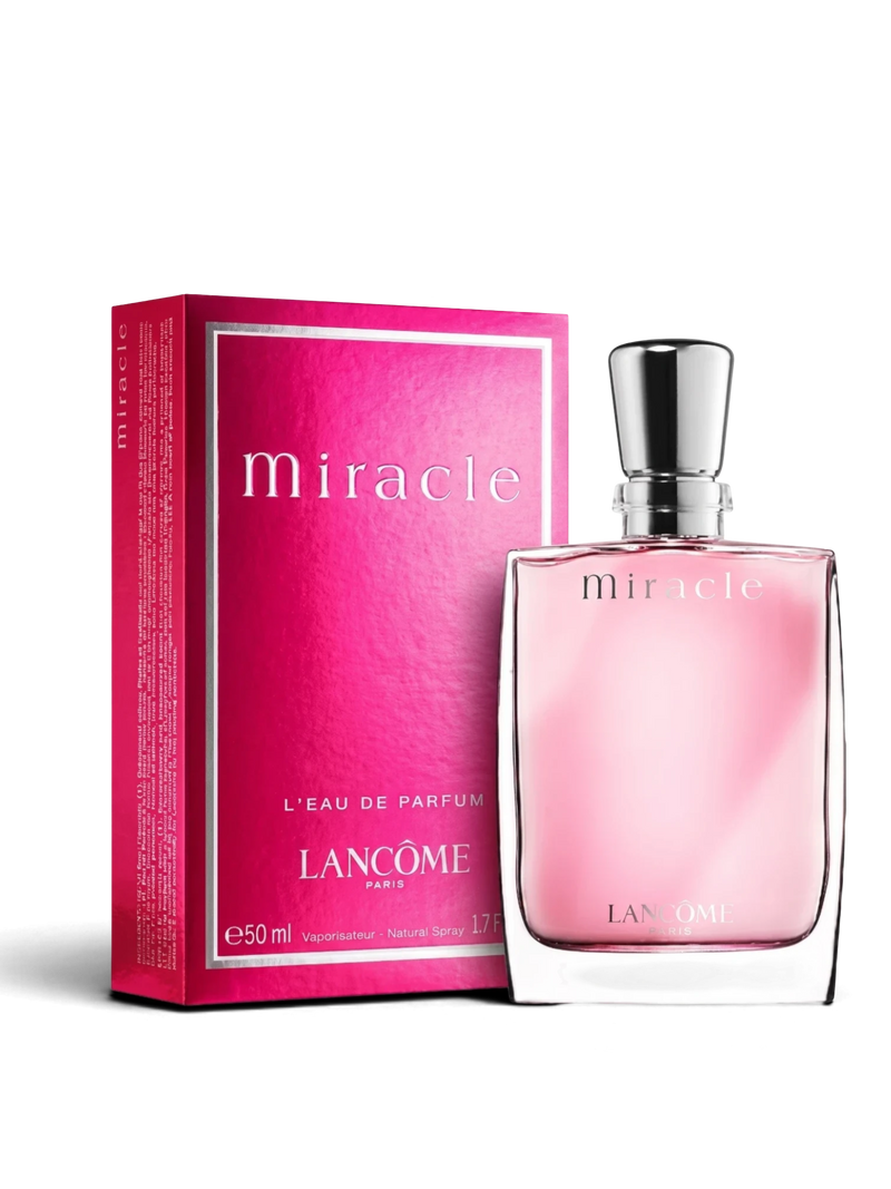 euaden Lancôme Miracle kadın parfümü, pembe cam şişesi ve şık kutusuyla 50 ml eau de parfum