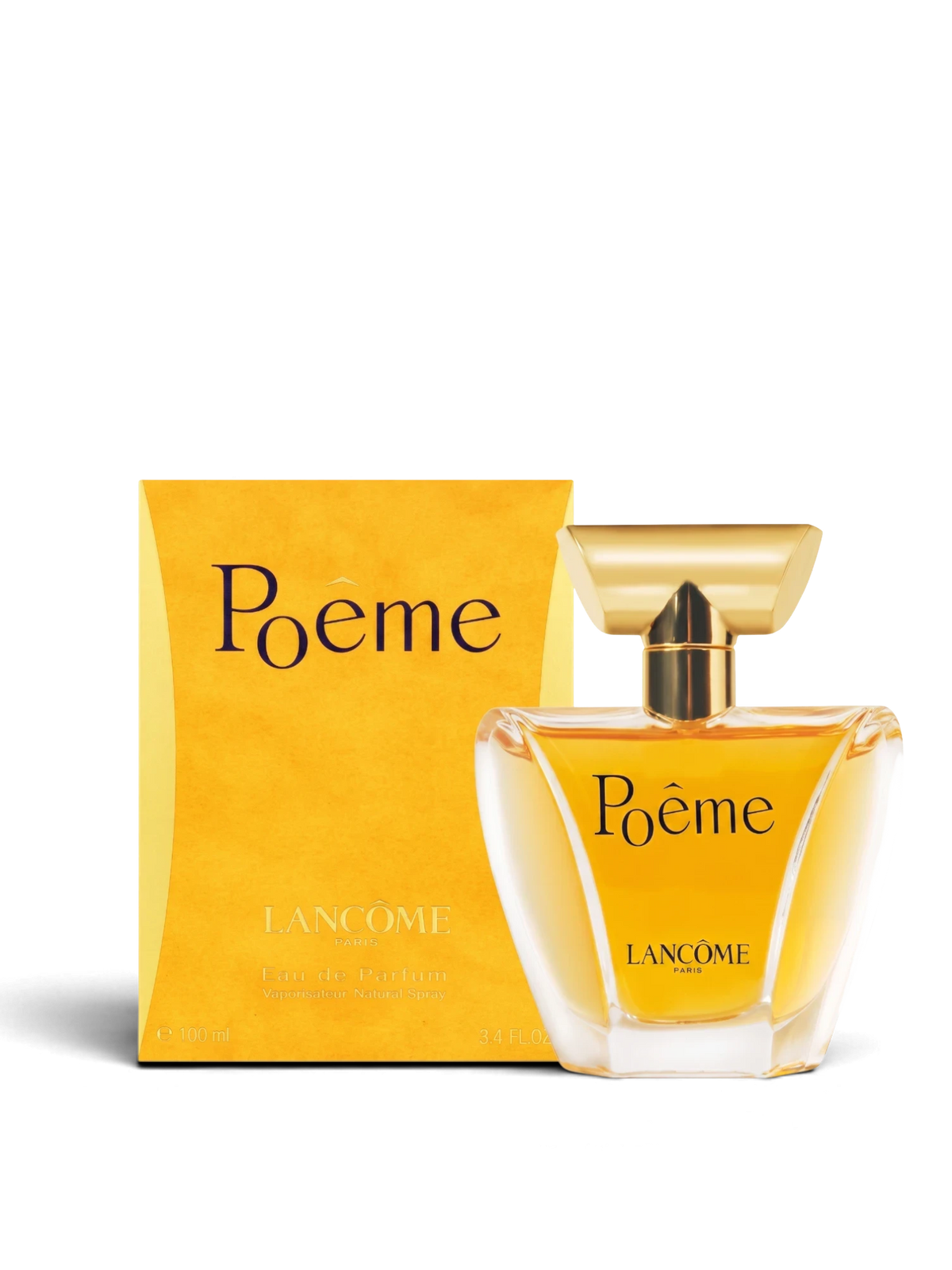 euaden Lancôme Poême kadın parfümü, altın sarısı cam şişesi ve ikonik sarı kutusuyla zarif bir çiçeksi koku.