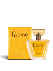 euaden Lancôme Poême kadın parfümü, altın sarısı cam şişesi ve ikonik sarı kutusuyla zarif bir çiçeksi koku.