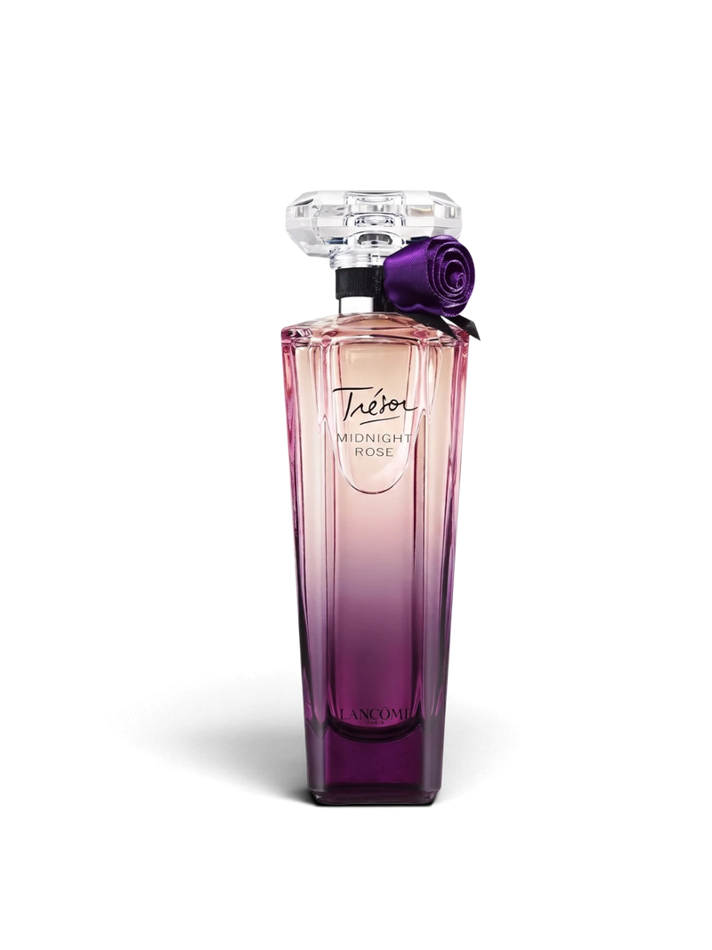 euaden Lancôme Trésor Midnight Rose kadın parfümü, mor ve pembe geçişli cam şişesi ve zarif gül detayı ile