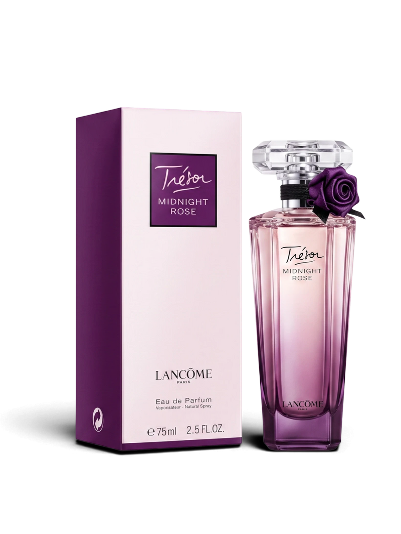euaden Lancôme Trésor Midnight Rose kadın parfümü, mor gül detaylı şık cam şişesi ve özel kutusu ile