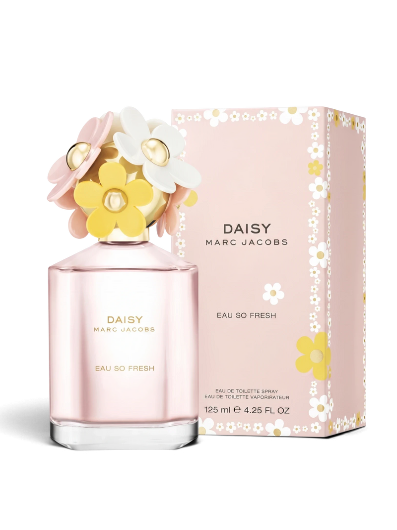euaden MARC JACOBS Daisy Eau So Fresh 125 ml kadın parfümü, pembe çiçek kapaklı şık şişesi ve kutusuyla