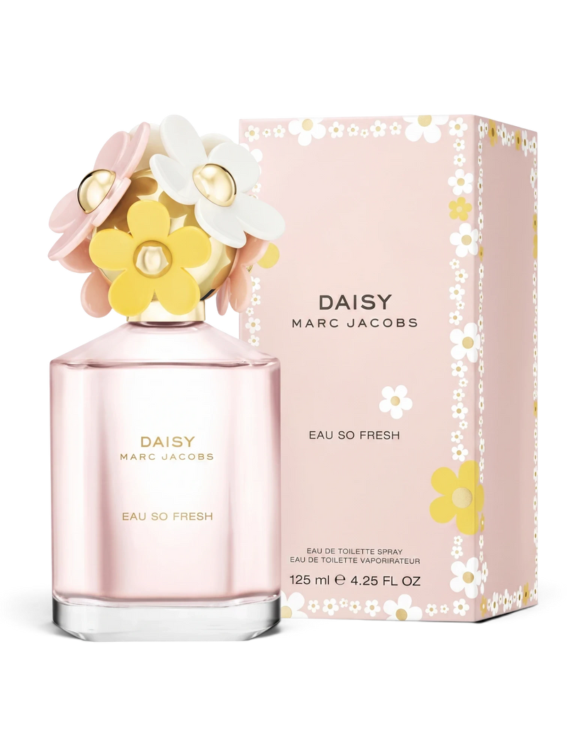 euaden MARC JACOBS Daisy Eau So Fresh 125 ml kadın parfümü, pembe çiçek kapaklı şık şişesi ve kutusuyla