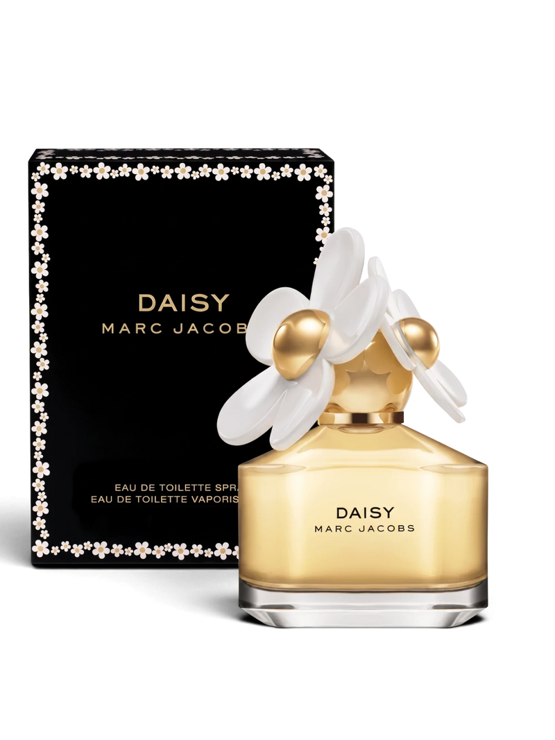 euaden MARC JACOBS Daisy EDT 100 ml kadın parfümü, ikonik papatya kapaklı şık cam şişesi ve siyah kutusu ile