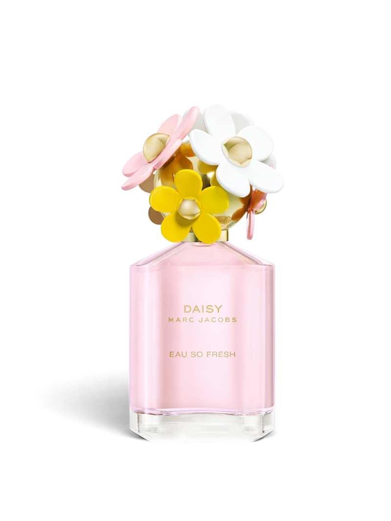 euaden Marc Jacobs Daisy Eau So Fresh kadın parfümü, pembe şişesi ve üzerinde renkli papatya figürleri ile 125 ml