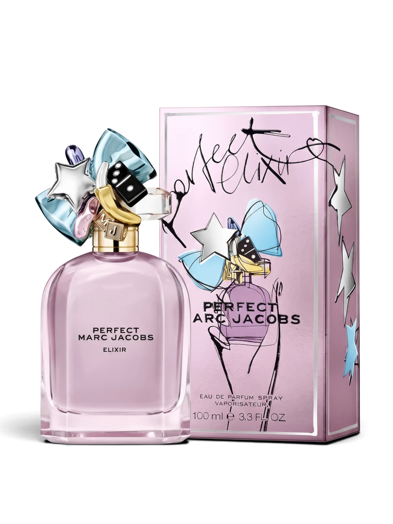 euaden Marc Jacobs Perfect Elixir 100 ml kadın parfümü, üzerinde renkli figürlü kapak detayı bulunan şık cam şişe ve kutusu
