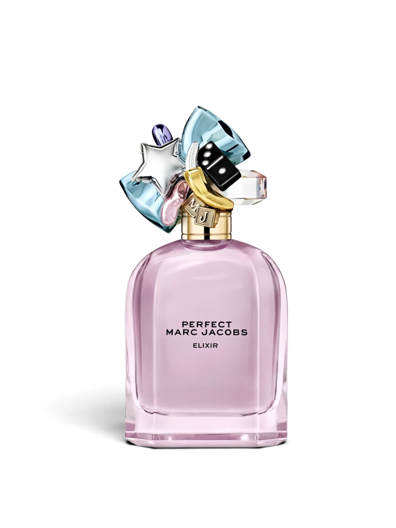 euaden MARC JACOBS Perfect Elixir EDP 100 ml kadın parfümü, üzerinde renkli ve dekoratif objeler bulunan şık şişe tasarımı