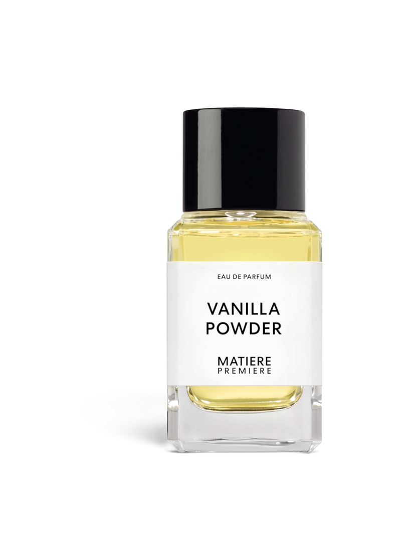 euaden MATIERE PREMIERE Vanilla Powder 100 ml unisex parfüm şişesi, şeffaf cam ve siyah kapaklı niş koku tasarımı