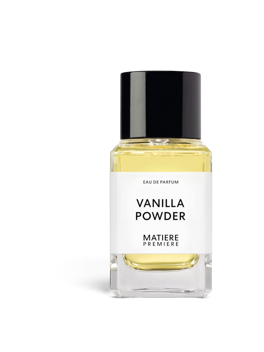 euaden MATIERE PREMIERE Vanilla Powder 100 ml unisex parfüm şişesi, şeffaf cam ve siyah kapaklı niş koku tasarımı