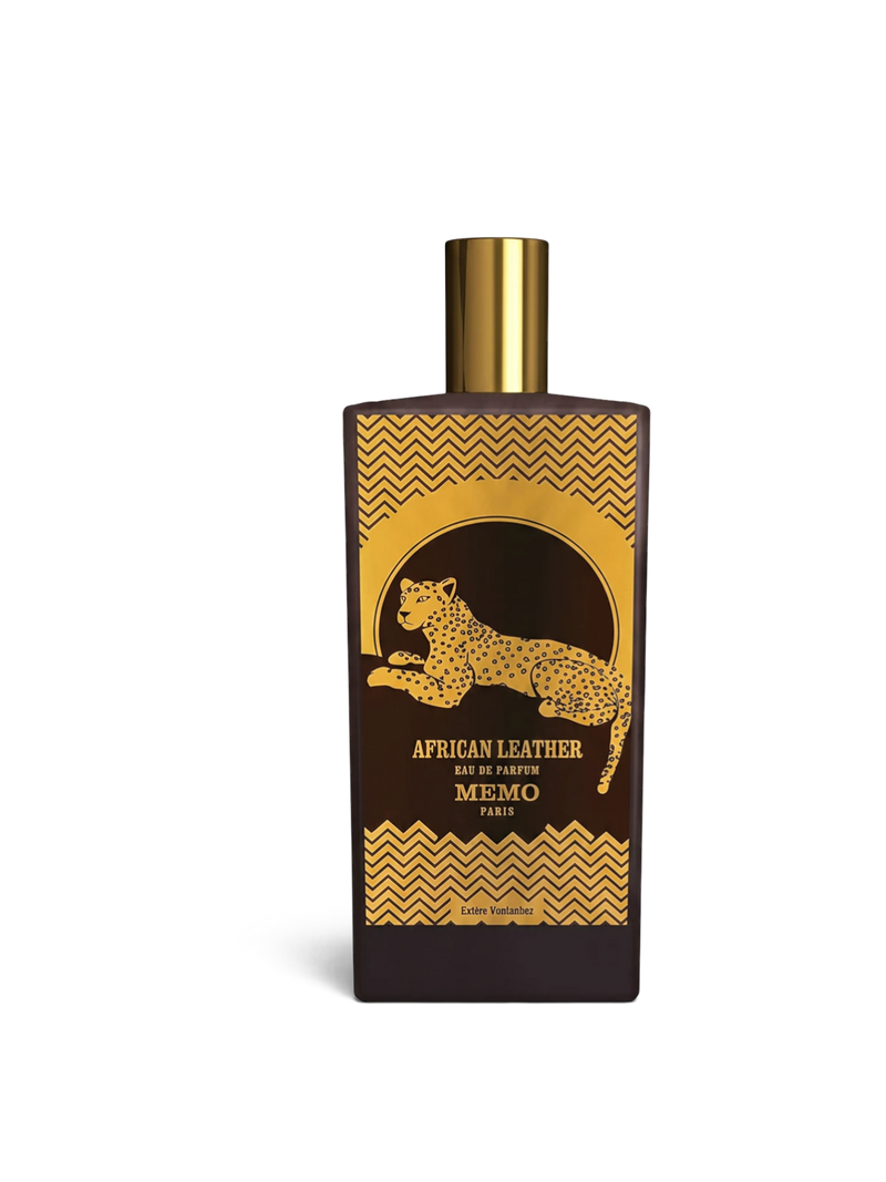 euaden tarafından sunulan, üzerinde leopar figürü bulunan şık tasarımlı 75 ml MEMO African Leather unisex parfüm şişesi