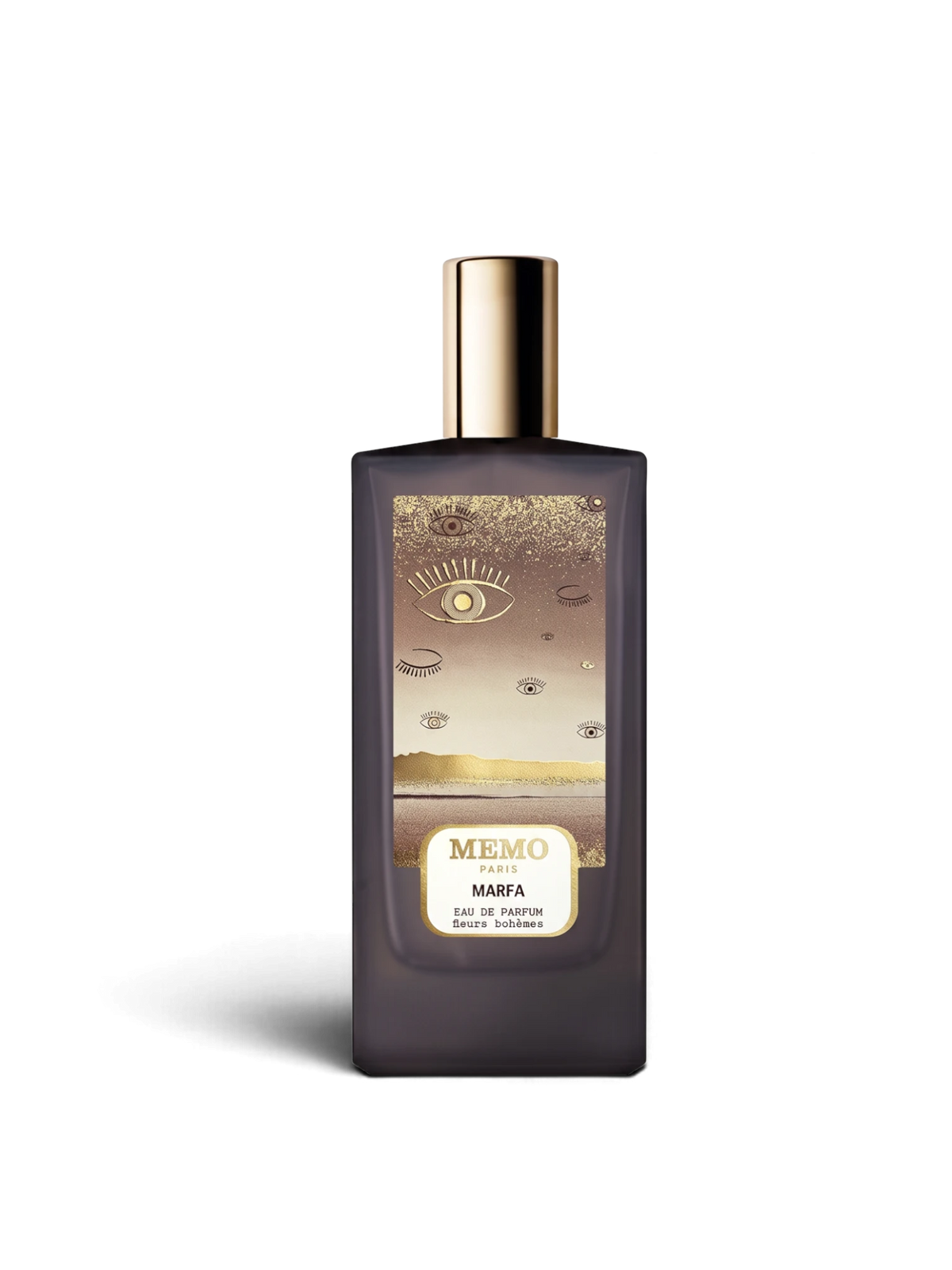 euaden MEMO Marfa unisex parfüm, üzerinde göz desenleri bulunan şık şişesi ve altın rengi kapağı ile 75 ml EDP