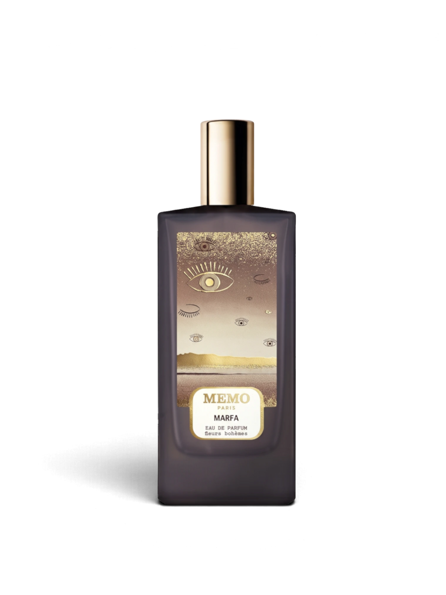 euaden MEMO Marfa unisex parfüm, üzerinde göz desenleri bulunan şık şişesi ve altın rengi kapağı ile 75 ml EDP